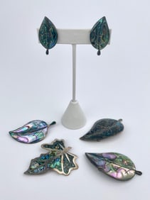 Mexican Sterling Silver and Abalone Leaf Motif Jewelry Set