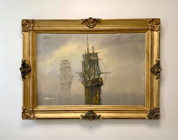 Framed Oil Painting of Sailing Ships on Canvas, Signed by Garcia