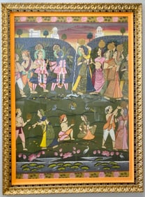 Large Framed Indian Painting Depicting Krishna and Gopis