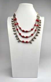 Vintage Afghan/Kuchi Mult-Strand Tribal Necklace with Silver Alloy Bells & Red Glass Beads