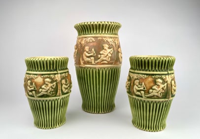 Roseville Pottery Donatello Three Piece Vase Lot, Early 20th Century