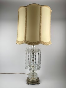Vintage Cut Crystal & Brass Table Lamp with Prisms and Scalloped Shade
