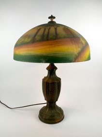 Antique Reverse-Painted Scenic Glass Table Lamp with Cast Metal Base