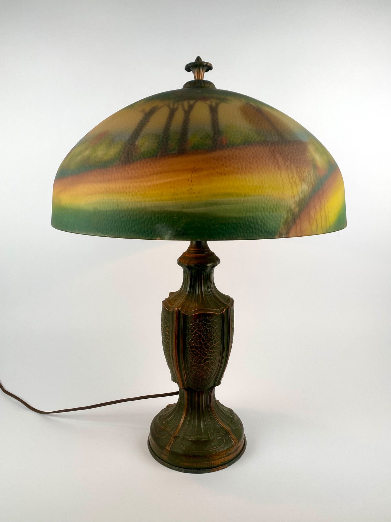 Antique Reverse-Painted Scenic Glass Table Lamp with Cast Metal Base (1 of 12)