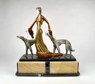 P.E. Poertzel Art Deco ‘Aristocrat’ Sculpture of Lady with Greyhounds