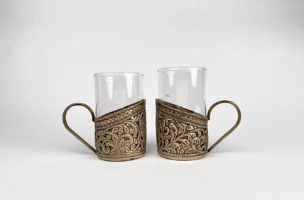 Pair of Antique Silver Glass Tea Holders with Filigree Bases