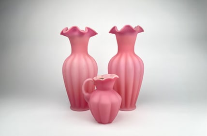 Fenton Pink Satin Glass Vases & Pitcher with Ruffled Tops