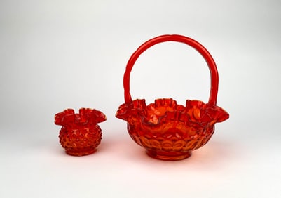 Amberina Glass Hobnail Rose Bowl & Ruffled Basket
