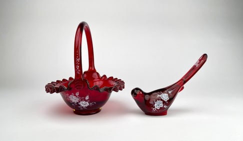 Fenton Ruby Red Hand-Painted Basket & Bird Figurine, Signed
