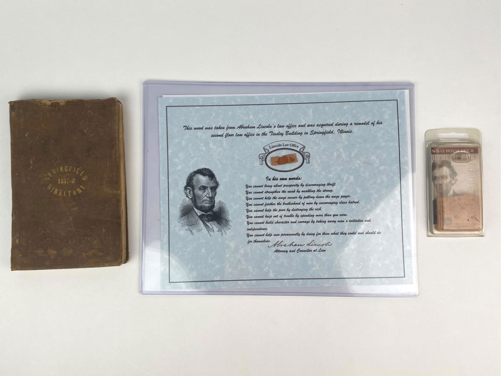 Abraham Lincoln Historical Relic Set including Wood from Law Office, Wills House Brick, and 1857 (1 of 12)