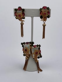 Vintage Gold-Tone Mother-of-Pearl and Rhinestone Tassel Clip Earrings & Brooch Set