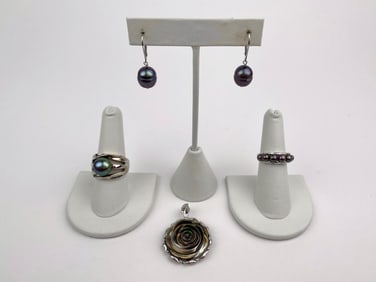 Sterling Silver Pearl Jewelry Set with Earrings, Rings, and Carved Mother-of-Pearl Pendant