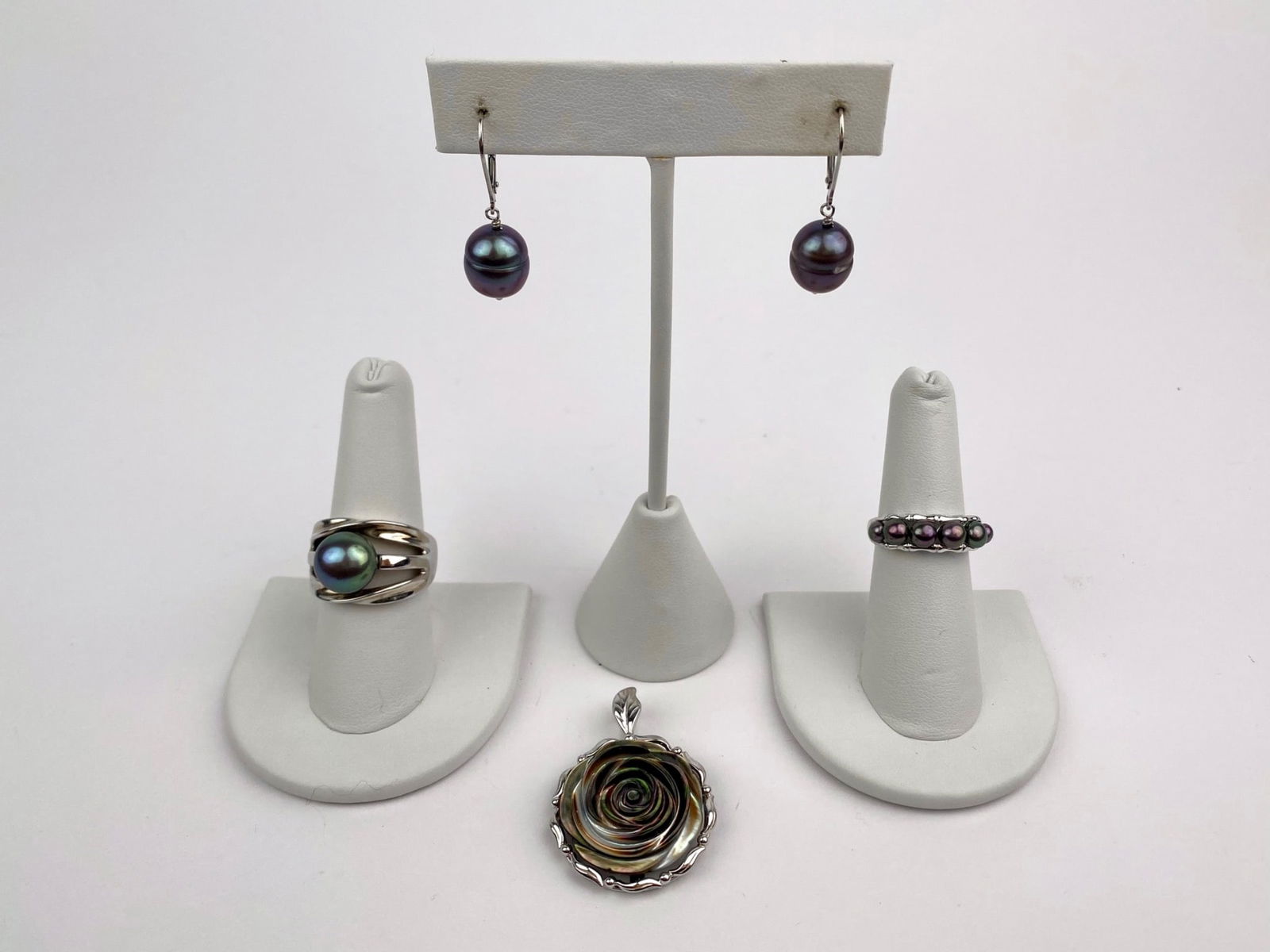 Sterling Silver Pearl Jewelry Set with Earrings, Rings, and Carved Mother-of-Pearl Pendant (1 of 10)