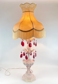 Victorian-Style Table Lamp with Fabric Shade, Red Crystal Drops, and Ornate Base