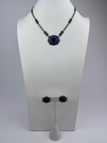 Vintage Blue Glass Necklace and Earring Set