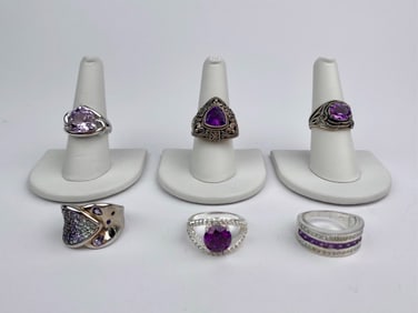 Group of Six Sterling Silver Purple Gemstone Rings