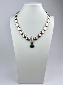 Sterling Silver Necklace with Green Malachite Cabochon