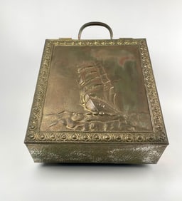 Brass and Wood Coal Scuttle with Embossed Ship Design