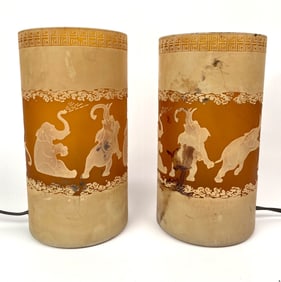 Pair of Cylindrical Glass Table Lamps with Elephant Motif, Frosted Finish
