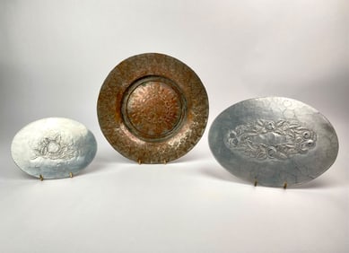 Lot of Three Embossed Metal Plates, Copper and Everlast Forged Aluminum