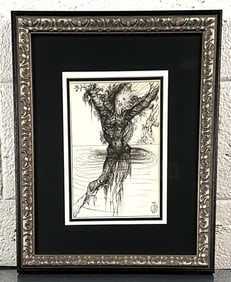 Framed Black and White Surrealist Artwork with Embossed Silver Frame