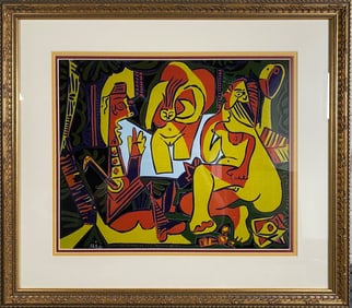 Framed Vibrant Abstract Figural Print in Picasso Style