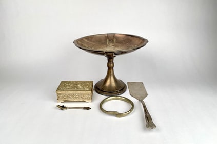 Silver-Colored Decorative Items Including Compote, Hinged Box, and Accessories