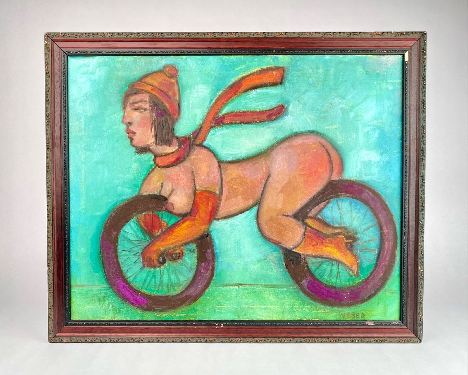 Built for Speed by Weber, Acrylic on Canvas: Acrylic painting on canvas attributed to artist Weber, depicting a nude figure intertwined with bicycle wheels, set against a vivid turquoise backdrop. The signature ‘WEBER’ is visible on the lowe