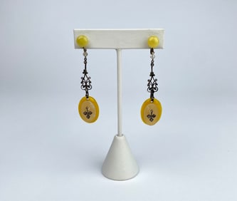 Vintage Yellow Lucite Drop Earrings with Filigree & Marcasite Cross Motif