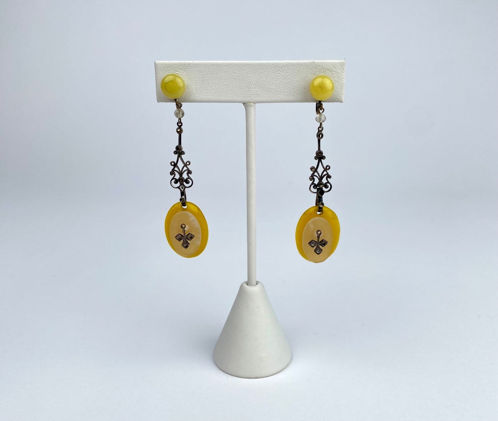 Vintage Yellow Lucite Drop Earrings with Filigree & Marcasite Cross Motif (1 of 4)