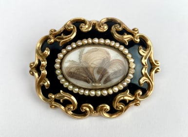 Victorian Hair Memorial Brooch with Pearl Border & Black Enamel