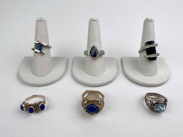 Six Sterling Silver Blue Stone Rings in Mixed Styles