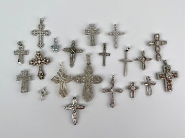 Group of 20 Sterling Silver Cross Pendants with CZ and Rhinestone Accents