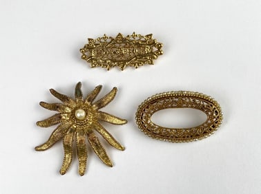 Lot of Three Vintage Gold-Tone Brooches