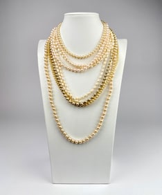 Lot of Seven Pearl Necklaces with Sterling & Gold Clasps