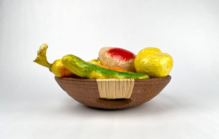 Folk Art Papier Mache Fruit and Vegetables in Ceramic Bowl