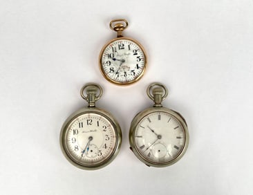 Set of Three Vintage Pocket Watches – Hampden, Trans Pacific, and Silveroid Keywind