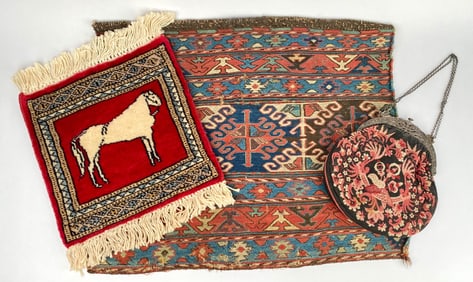 Lot of Three Textiles (Including a Handbag and Two Rugs)