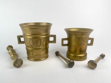Pair of Antique Brass Apothecary Mortar and Pestle Sets