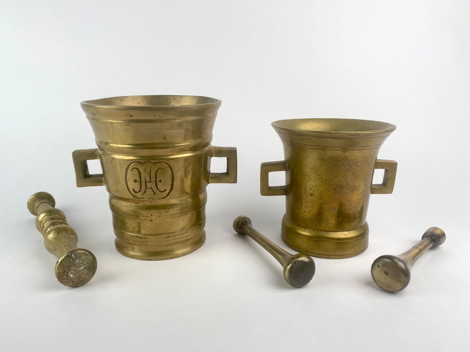 Pair of Antique Brass Apothecary Mortar and Pestle Sets (1 of 12)