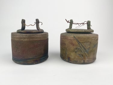Pair of Signed Lidded Mixed Media Vessels by Unknown Artist