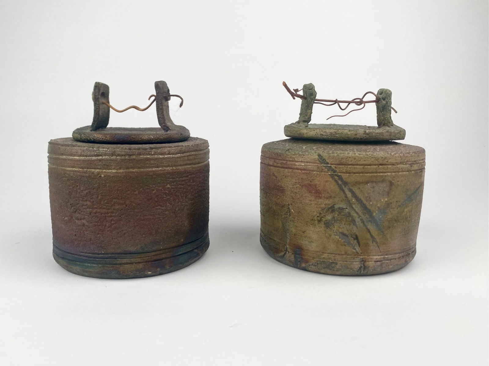 Pair of Signed Lidded Mixed Media Vessels by Unknown Artist (1 of 9)