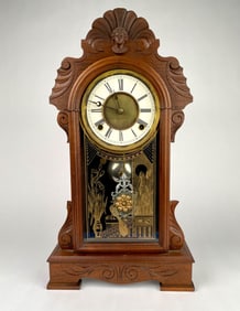Antique Victorian Mantel Clock with Reverse Painted Glass