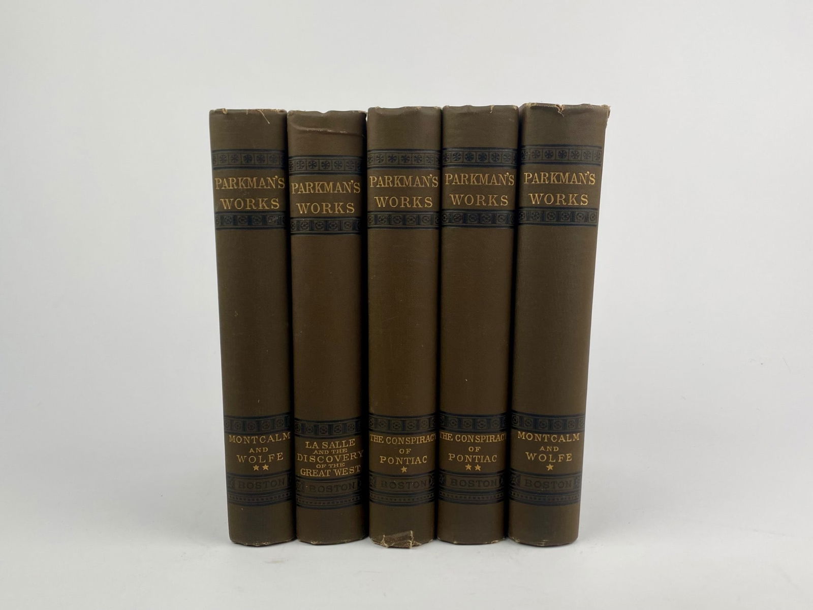 Francis Parkman ‘Parkman’s Works’ Five Volume Set, 1896: Five-volume set of “Parkman’s Works” by Francis Parkman, published by Little, Brown, and Company, Boston, 1896. The set includes two volumes of “Montcalm and Wolfe,” two volumes of �