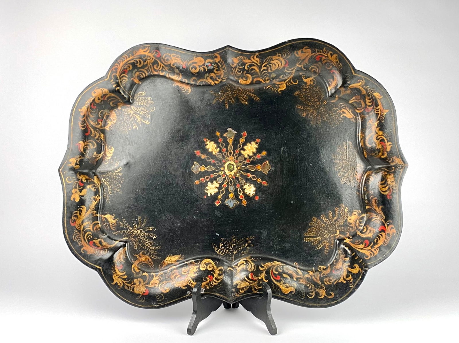 Antique Hand-Painted Toleware Tray with Scalloped Edges & Floral Motifs (1 of 8)
