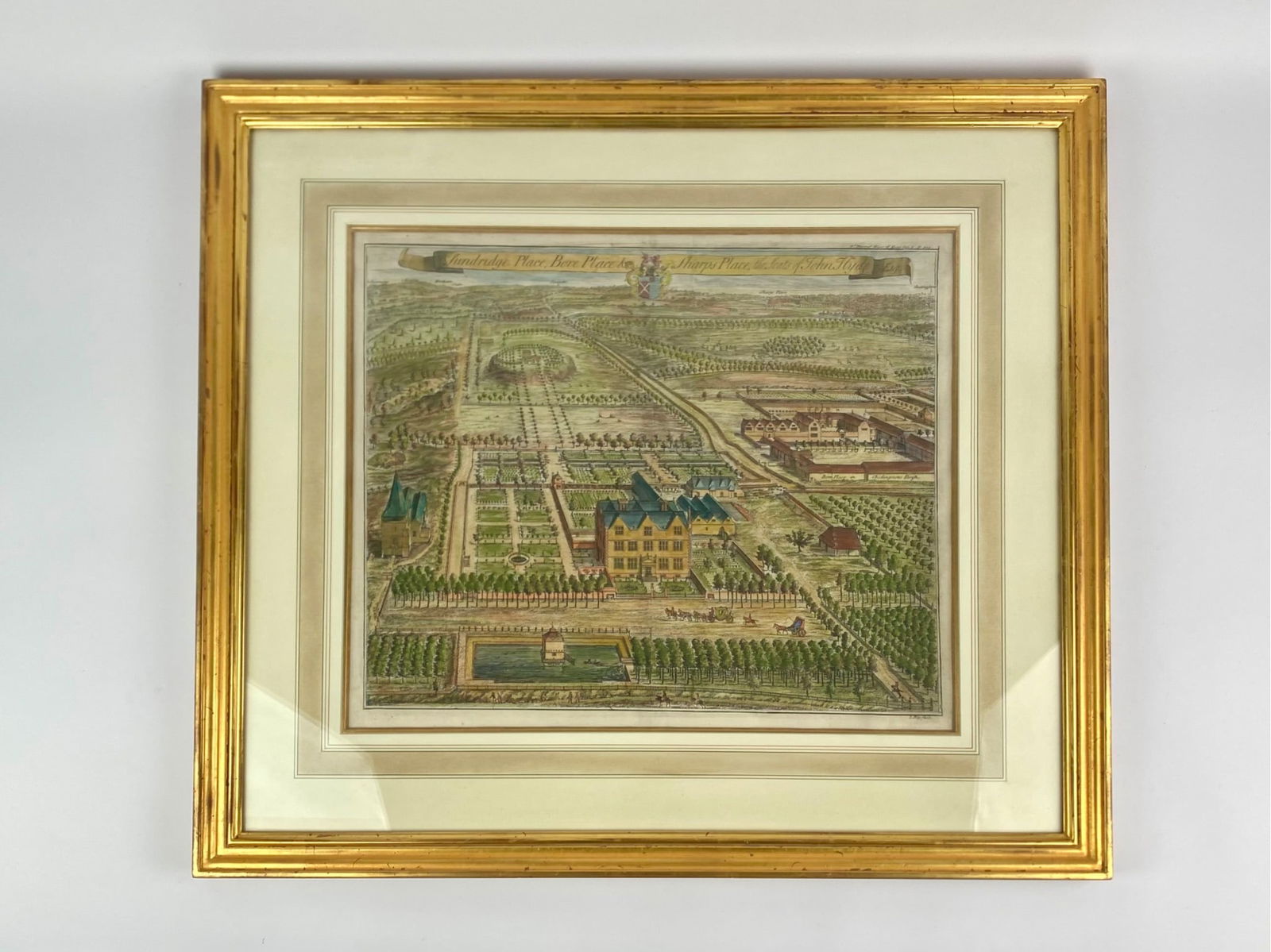 Antique Hand-Colored Engraving ‘Sundridge Place, Bore Place & Sharps Place’: Antique hand-colored engraving depicting “Sundridge Place, Bore Place, and Sharps Place,” the seats of John Style, shown in a detailed bird’s eye landscape view with formal gardens, orchards