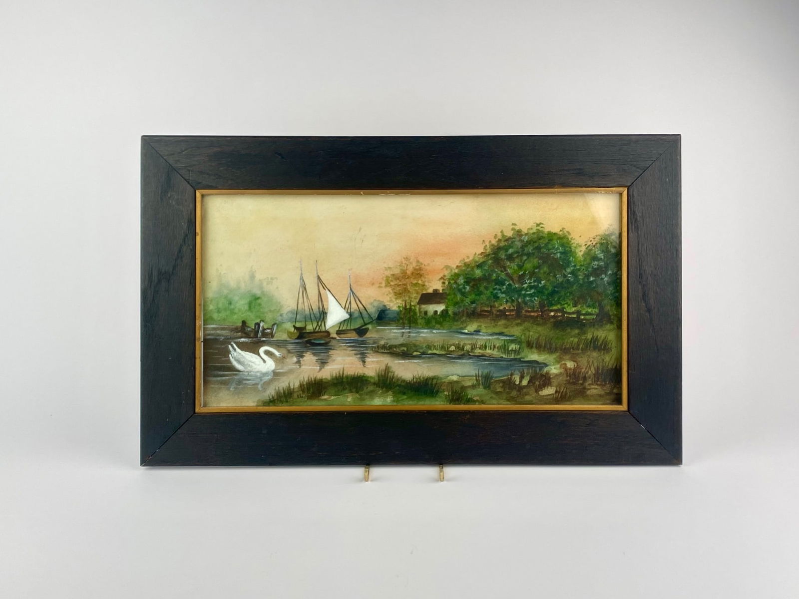 Arthur Mary Ellen (1834) Framed Watercolor River Landscape with Boats and Swan (1 of 9)