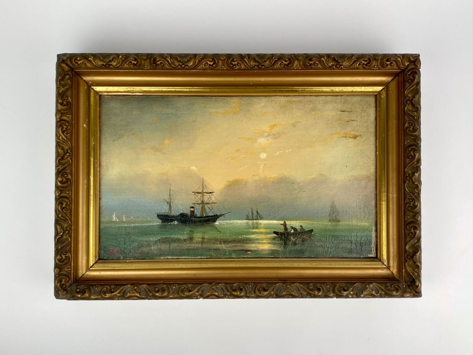 Antique Maritime Oil Painting of Moonlit Seascape with Sailing Vessels, Signed ‘C.E.’ (1 of 10)
