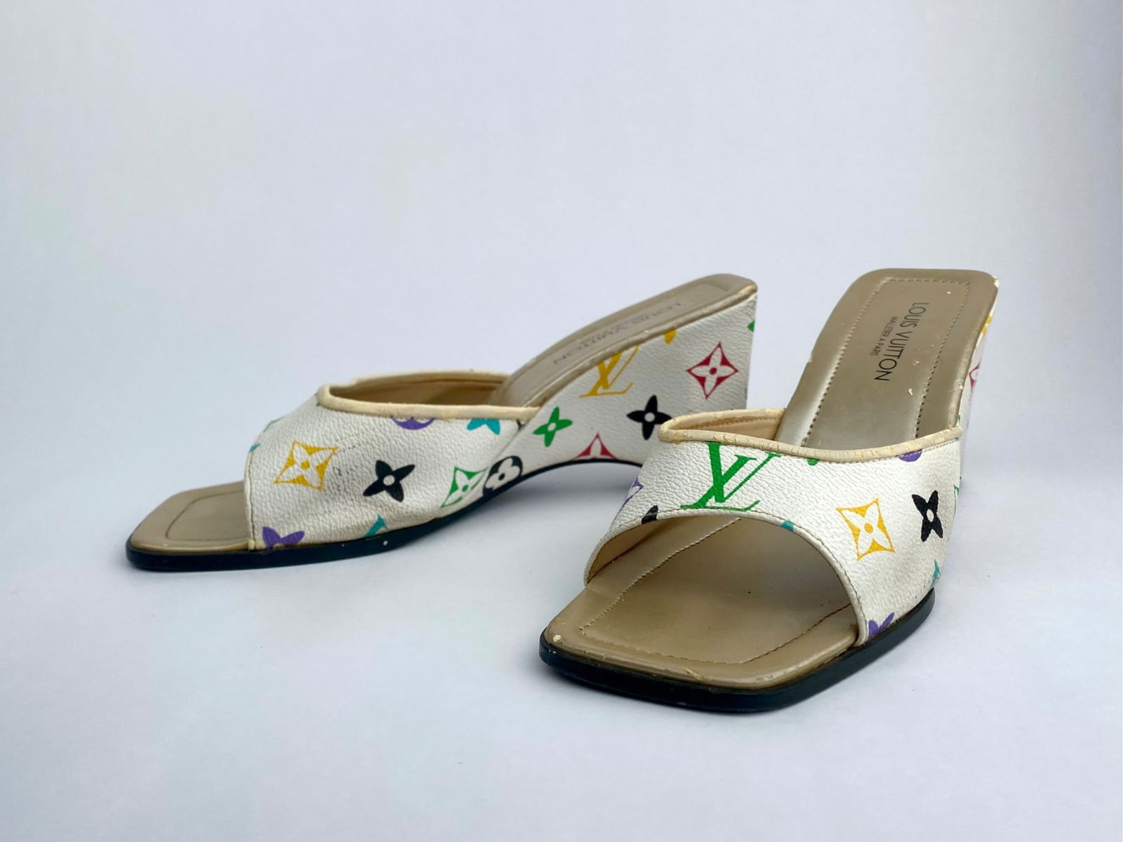 Louis Vuitton Multicolor Monogram Leather Wedge Slide Sandals, Size 8 (1 of 11)