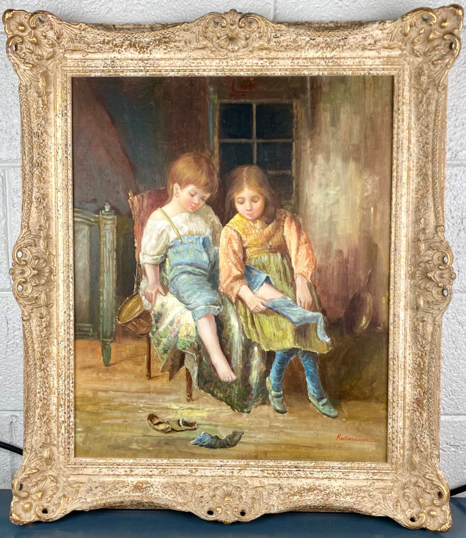 Signed ‘Kollmann’ Oil Painting of Children in Ornate Frame (1 of 4)